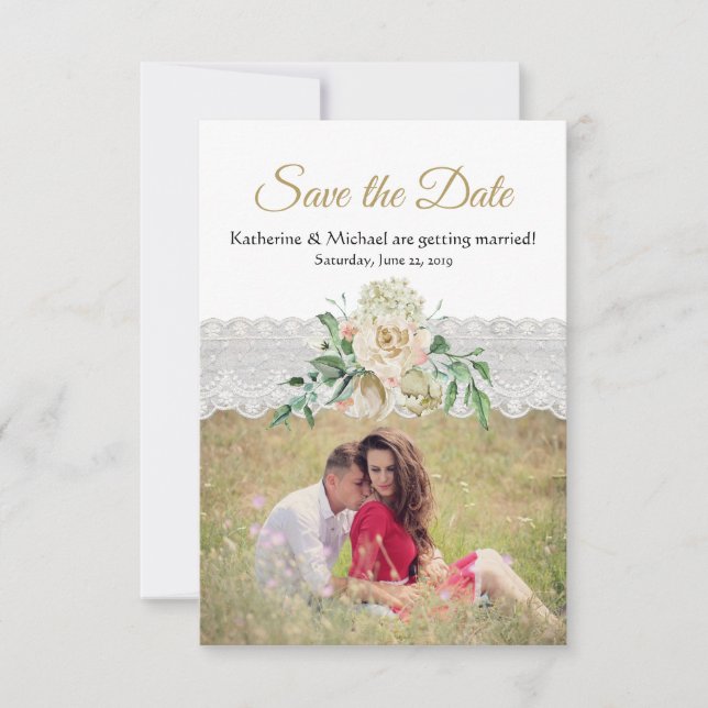 Traditionell Vita Guld-Blommigten Snöre-Bröllop Spara Datumet (Framsida)