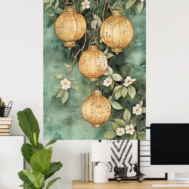 Traditionella asiatiska lyktor som hänger från gre poster (Hemmakontoret)