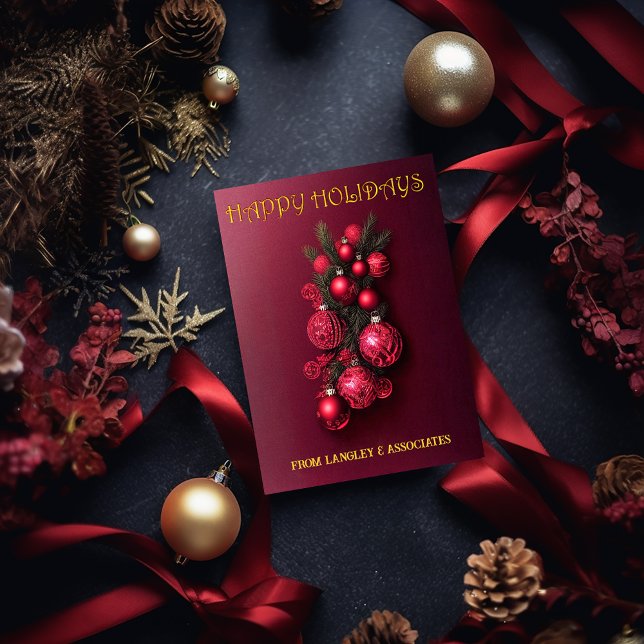 Traditionella Bordeaux Röda och Gula God Jul  Julkort (Elegant Burgundy Red and God Swag Happy Holidays Christmas Card)