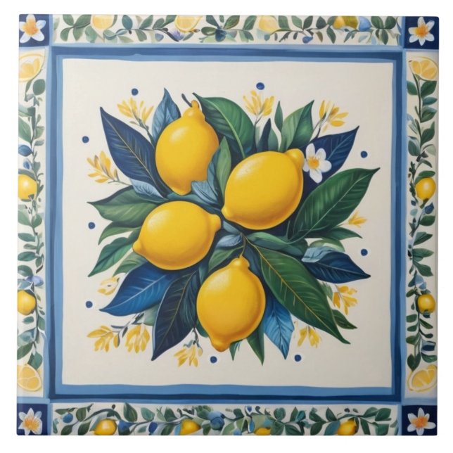 Traditionella citroner blå grön gul vit klassisk kakelplatta (Framsidan)