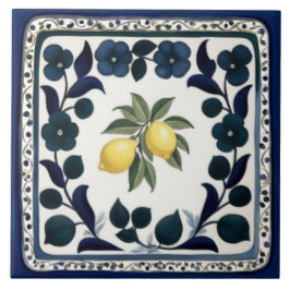 Traditionella citroner mörkblå och vita blommor kakelplatta