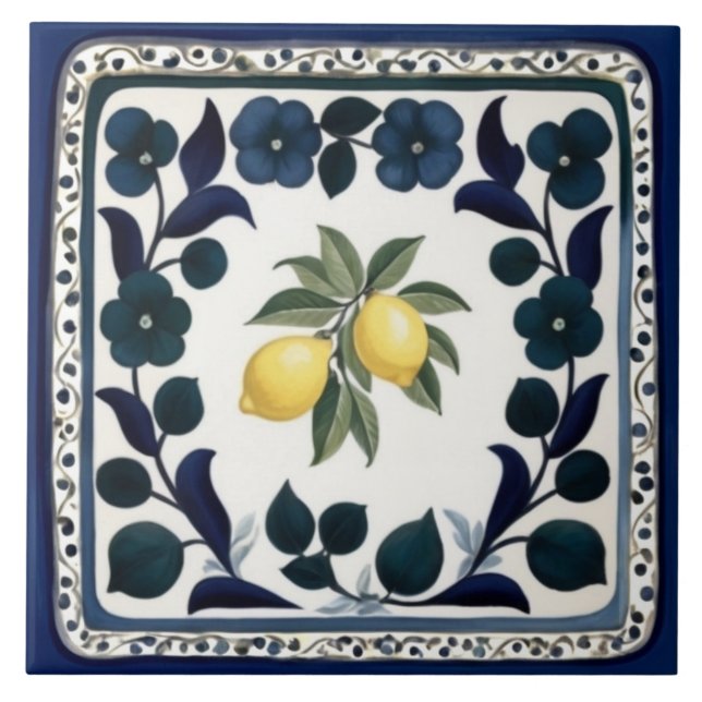 Traditionella citroner mörkblå och vita blommor kakelplatta (Framsidan)