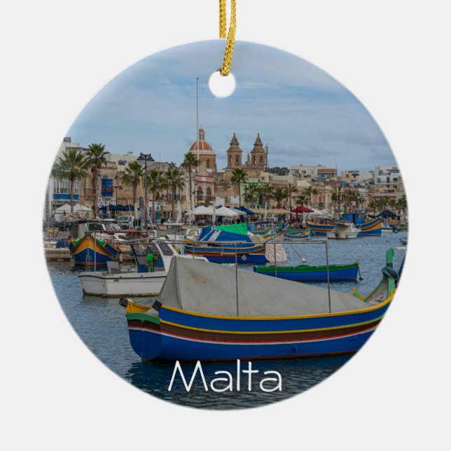 Traditionella färgade fiskebåtar i Malta Julgransprydnad Keramik (Framsidan)