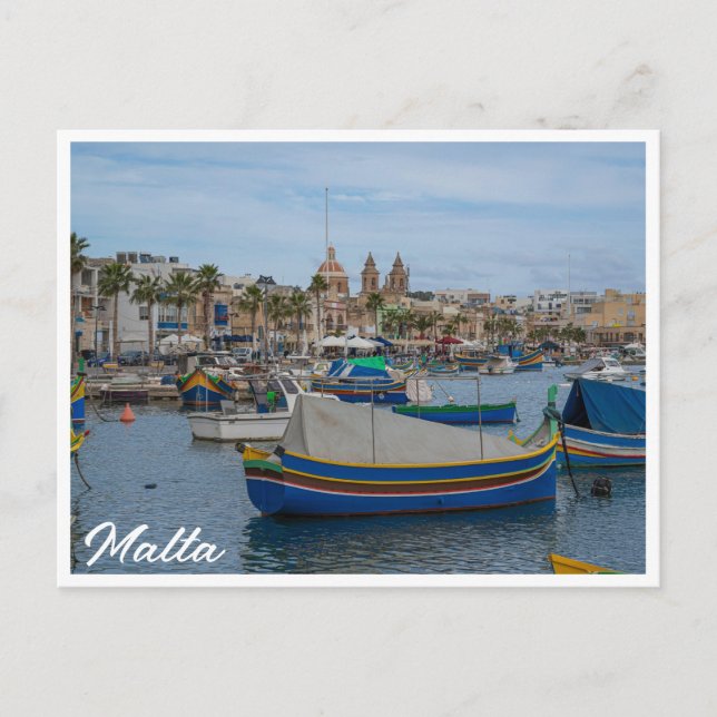 Traditionella färgade fiskebåtar i Malta Vykort (Framsida)