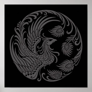 Traditionella grå färg Phoenix cirklar på svart Poster