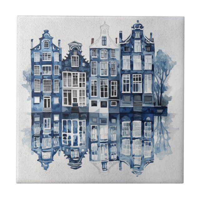 Traditionella hus i Blå och vita Delft stil Kakelplatta (Framsidan)