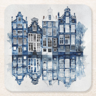 Traditionella hus i Blå och vita Delft stil Underlägg Papper Kvadrat