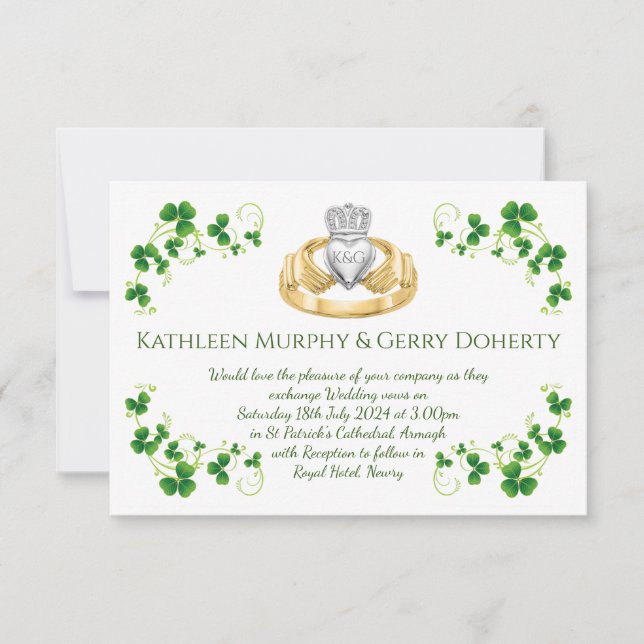 Traditionella irländska Claddagh Ring och Shamrock Inbjudningar (Framsida)