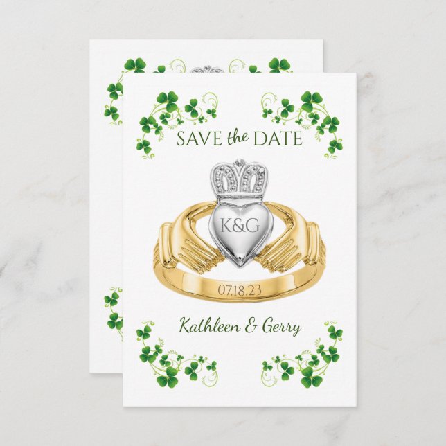 Traditionella irländska Claddagh Ring och Shamrock Spara Datumet (Fram/baksida)