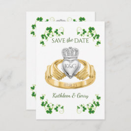 Traditionella irländska Claddagh Ring och Shamrock Spara Datumet