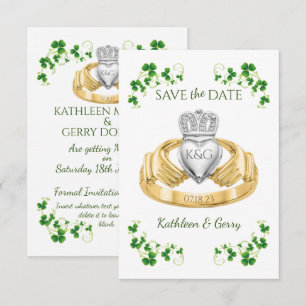 Traditionella irländska Claddagh Ring och Shamrock Spara Datumet