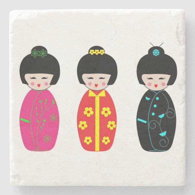 Traditionella japanska Kokeshi Geishadockor Underlägg Sten (Framsidan)