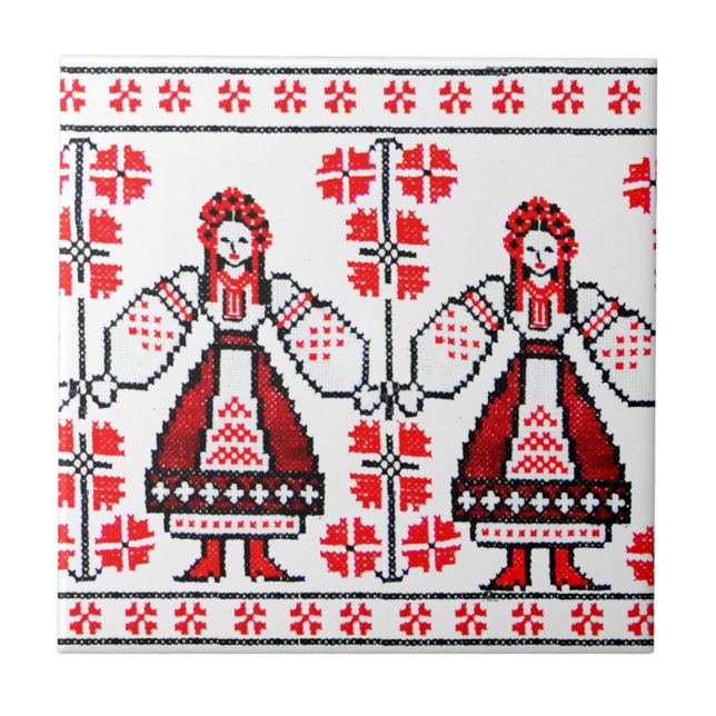 Traditionella ukrainska broderiyukrainska flickor kakelplatta (Framsidan)