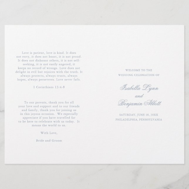 Traditionellt, blått, formellt Bröllopsprogram (Framsida)