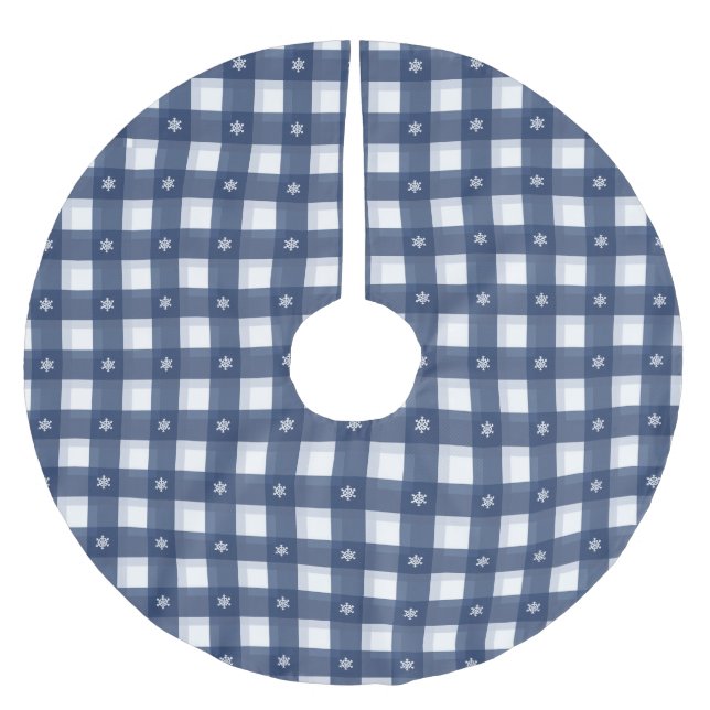 Traditionellt blått gingham plaid snöflingor julgransmatta borstad polyester (Framsidan)
