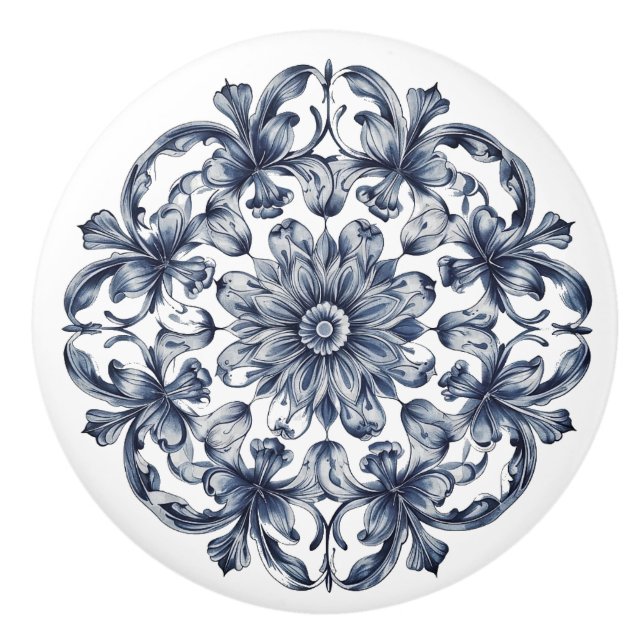 Traditionellt blått Grått White Ornate Mönster Knopp (Framsidan)