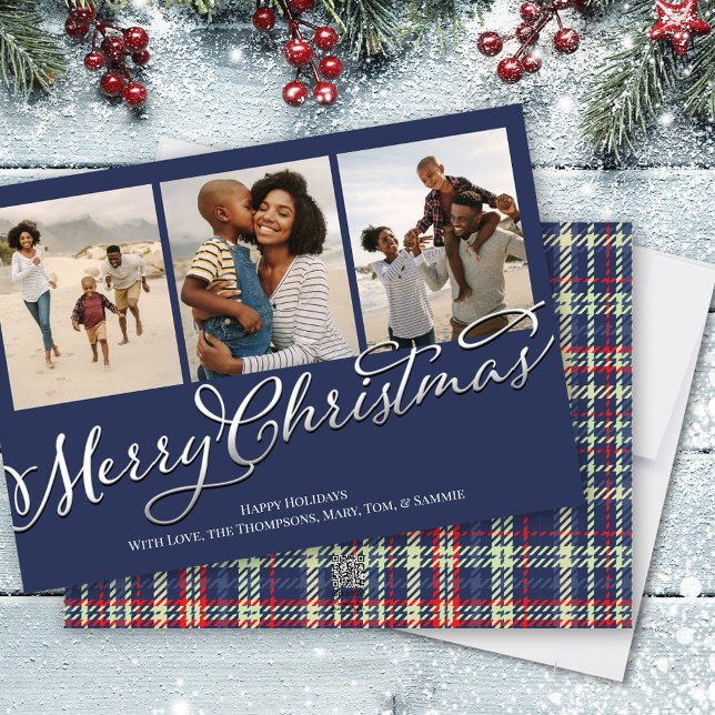 Traditionellt foto av blått foto från God jul Julkort (Multi photo navy blue plaid holiday photo card)