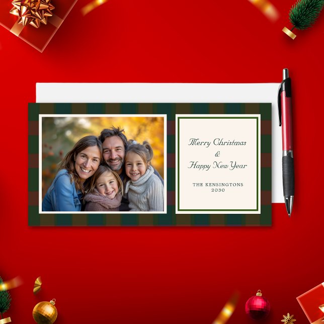 Traditionellt fotokort med stift-/tartan-Helgdag Julkort (Traditional plaid/tartan Christmas card.)