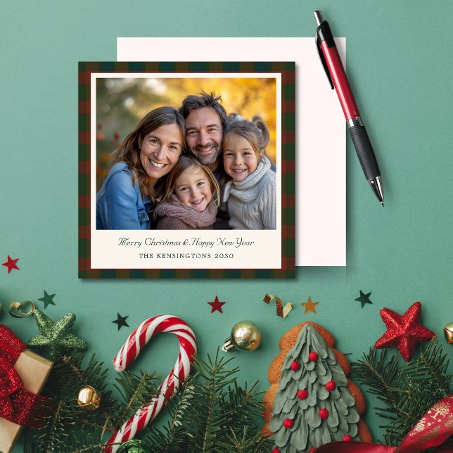 Traditionellt fotokort med stift-/tartan-Helgdag Julkort (Traditional plaid/tartan square Christmas card.)