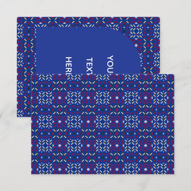 Traditionellt geometriskt pixelmönster i djupblått tack kort (Fram/baksida)