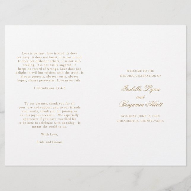 Traditionellt Guld Formellt Elegant Bröllopsprogra (Framsida)