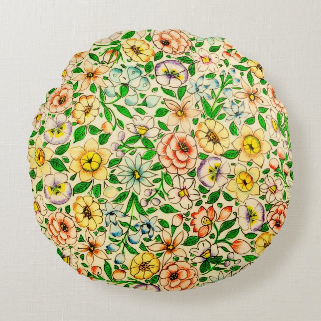 Traditionellt indiskt blommönster rund kudde (Framsidan)