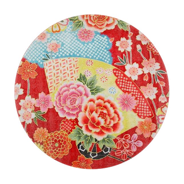 Traditionellt japanskt glas med röd Gult, Blommigt (Framsidan)