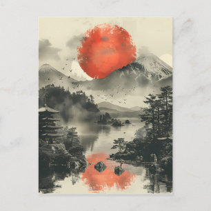 Traditionellt japanskt landskap med Mount Fuji Vykort