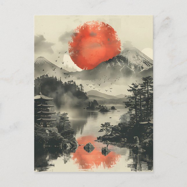 Traditionellt japanskt landskap med Mount Fuji Vykort (Framsida)