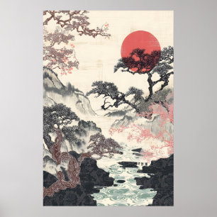 Traditionellt Japanskt Landskaps Art Print - Röd S Poster