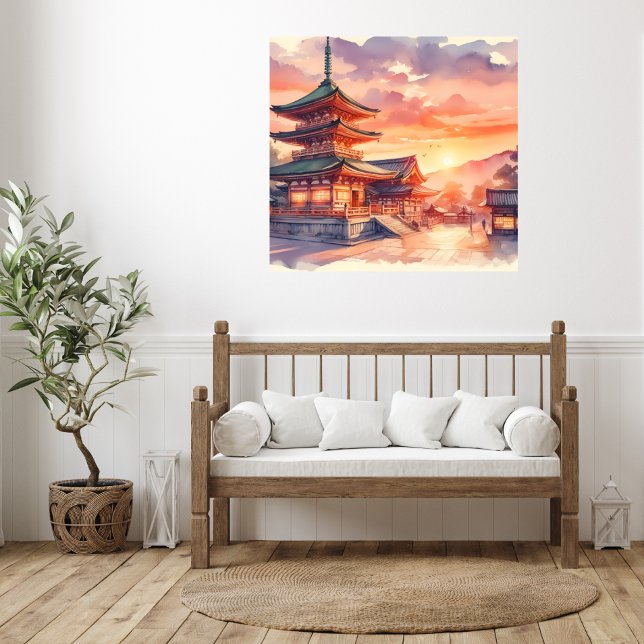 Traditionellt japanskt vattenfärgstomme i solnedgå poster (Skapare uppladdad)