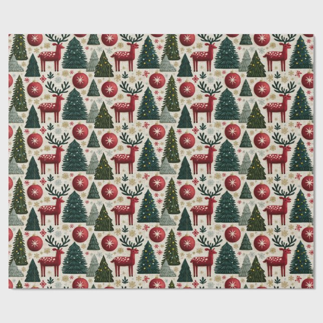 Traditionellt julrenhjortsträdsmönster  presentpapper (Platt)