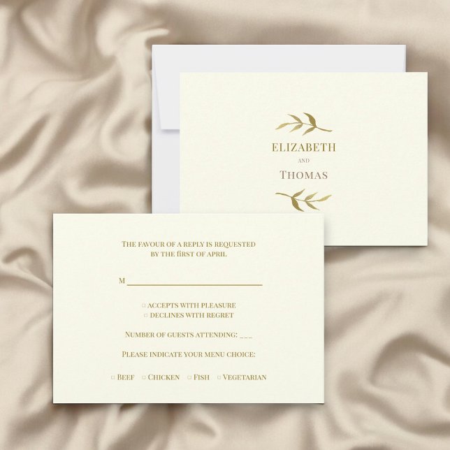 Traditionellt modernt bröllop OSA-kort OSA Kort (luxury wedding rsvp card in ivory and gold , with capital text in gold , part of a collection )