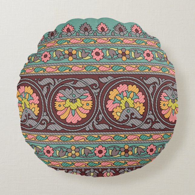 Traditionellt Mughal Gräns art,mönster,blomma,get Rund Kudde (Framsidan)