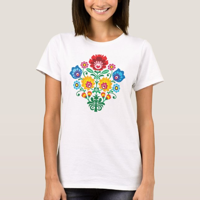 Traditionellt polskt blom- folk broderimönster tee shirt (Framsida)