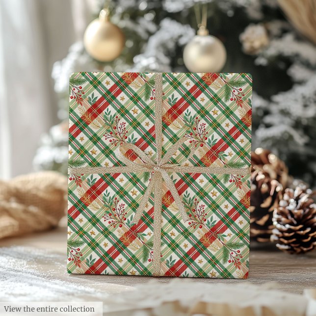 Traditionellt rött och grönt vattenfärg gingham-in presentpapper (Traditional red and green watercolor gingham wrap)