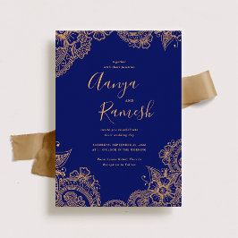 Traditionellt Royal Blue och Guld Mehndi Bröllop Inbjudningar