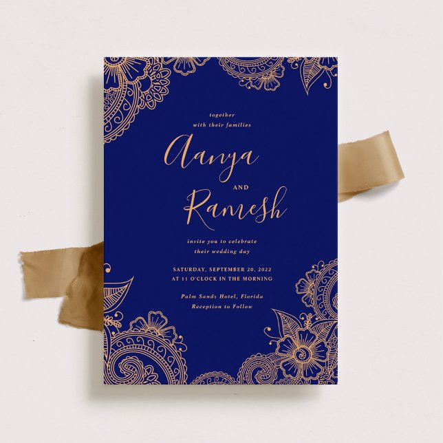 Traditionellt Royal Blue och Guld Mehndi Bröllop Inbjudningar (Skapare uppladdad)