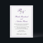 Traditionellt Royal Lila Monogram Elegant bröllop Inbjudningar<br><div class="desc">Traditionell och klassvis bröllopsinbjudan med en enkel design med dina två första monogram och din namn i en elegant royal lila-kalligrafi inuti ett tunt gräns. Baksidan är solid lila. Denna klassiska utformning är perfekt för ett formellt bröllop under hösten/hösten.</div>