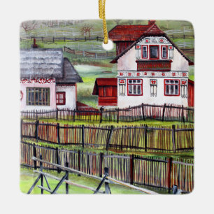 Traditionellt rumänskt hus - målning med vattenfär julgransprydnad keramik