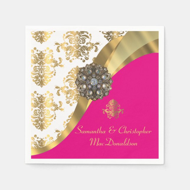 Traditionellt vitt bröllop, rosa- och guld-dammbad pappersservett (Framsidan)