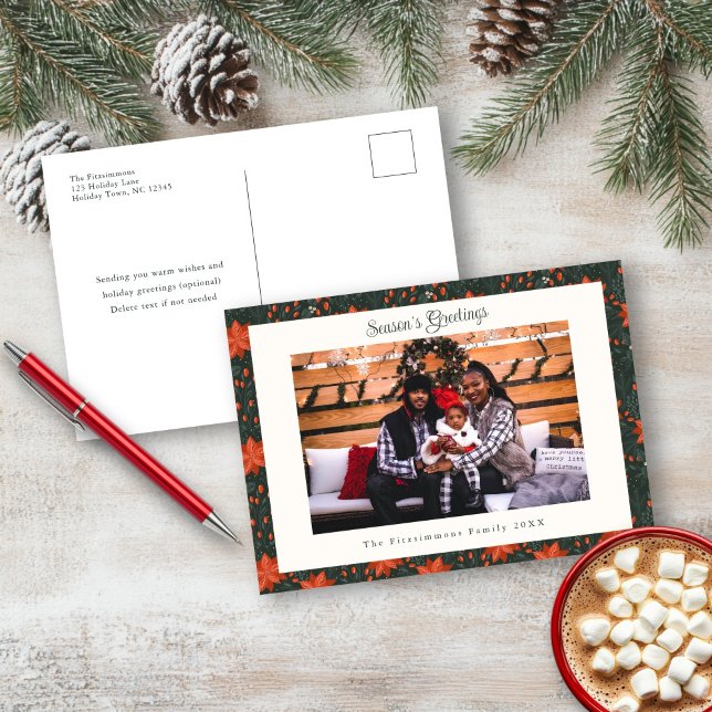 Traditionellt vykort för julfotat (Poinsettia Season Photo Christmas Postcard forest green)