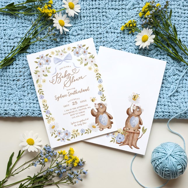 Trädland med knittat björn Pojke Shower för Blommi Inbjudningar (Cute Floral Woodland Knitted Bear Baby Boy Shower Invitation)