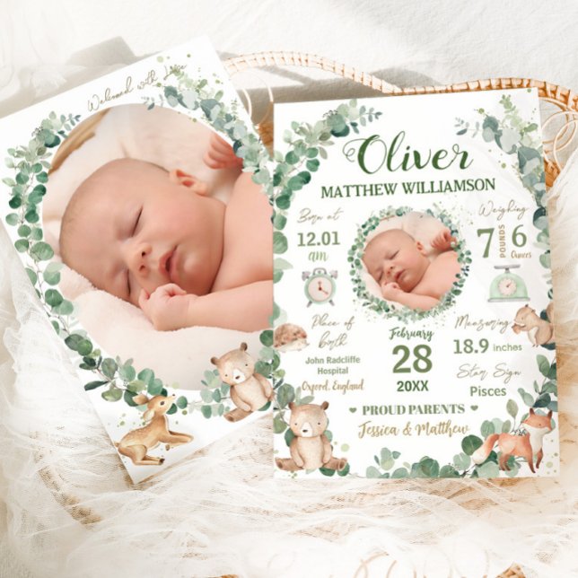 Trädlandsdjur Babyfödelsetal Meddelande om födelse (zazzle-chic-woodland-animals-greenery-gender-neutral-boy-girl-birth-stats-photo-announcement-cards)