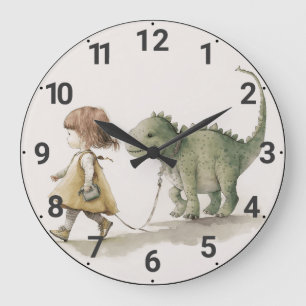 Trådlös tjej som går med dinosaur-väggklocka stor klocka