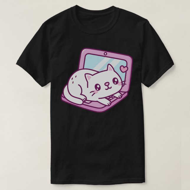 Trådlös vit katt på bärbar dator t shirt (Design framsida)