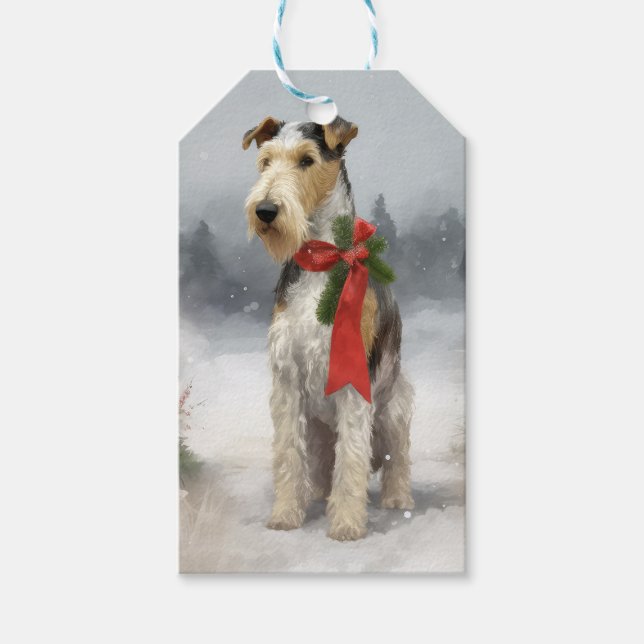 Trådvulpsterrierhund i snö jul presentetikett (Framsidan)