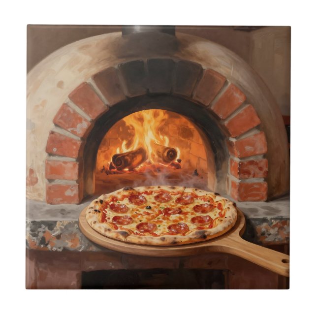 Träeldad Pepperoni Pizza Rustik Italiensk  Kakelplatta (Framsidan)