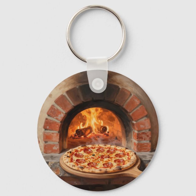 Träeldad Pepperoni Pizza Rustik Italiensk  Nyckelring (Framsida)