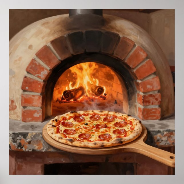 Träeldad Pepperoni Pizza Rustik Italiensk  Poster (Framsidan)